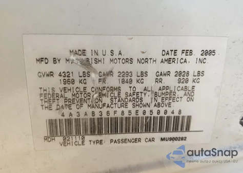 2005 Mitsubishi Galant Es/Se from USA, damaged, VIN 4A3AB36F85E050048